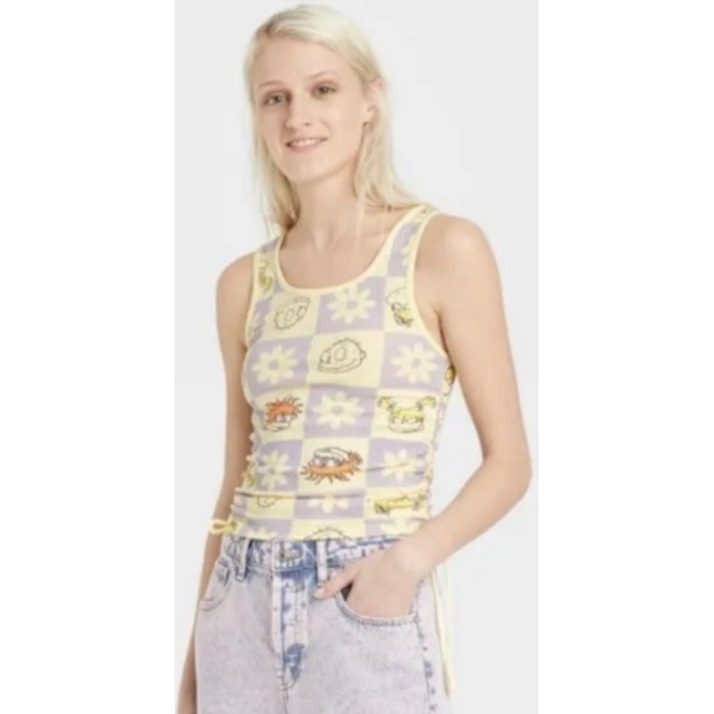 Nickelodeon Rugrats Checkerboard Floral Tank Top Yellow Purple Ribbed Size M NWT